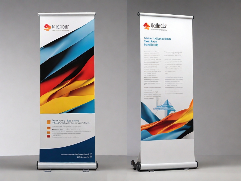 Roll-up-Displays wiederverwenden: Das farbige Banner läßt austauschen und einzeln neu drucken. So kann die silberfarbene Basis des Roll-up-Displays zusammen mit dem Ständer wiederverwendet werden.