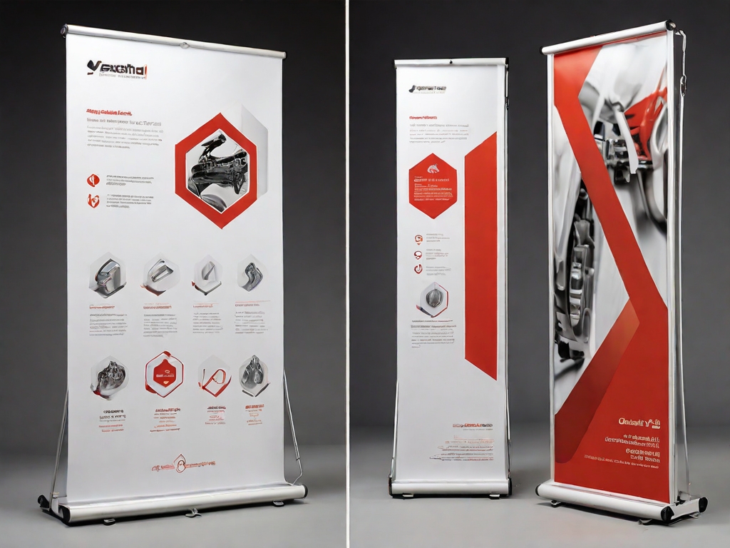 Roll-up-Displays drucken in verschiedenen Größen: Breiten von 80 cm bis 220 cm und Höhen von 200 cm bis 220 cm, KI-Beispiel.