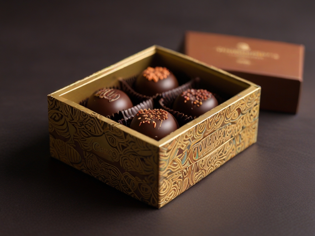 Haptisches Design für Confiserie: Die recht dickwandige Pappmaché Box aus Pre-Production Recycling-Material bietet Raum für 4 exklusive Pralinés. Ob die haptisch-raffinierte Box später zusammen mit einem Stift als Schreibtischtrommel zum Einläuten der Kaffeepause einsetzt, bleibt allen Naschkatzen selbst überlassen. KI-Beispiel.