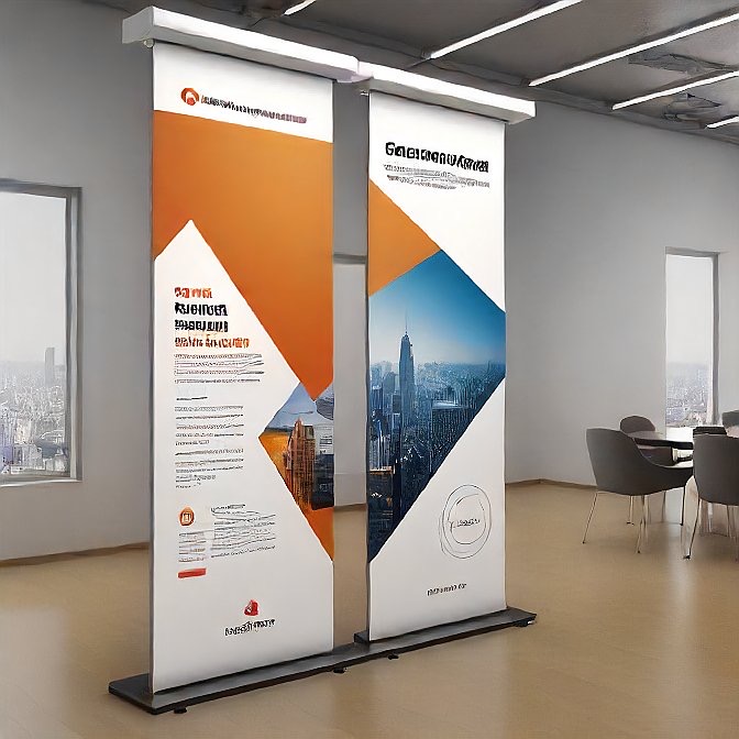 Hier verwendet die Gestaltung 2 Roll-up Banner nebeneinander