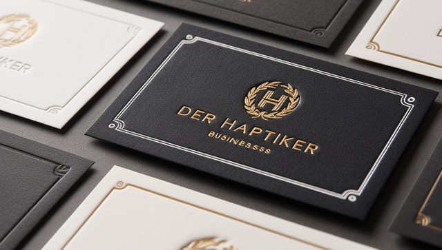 Schwarze Visitenkarten mit Heißfolienprägung in weiss und goldener Letterpress-Prägung
