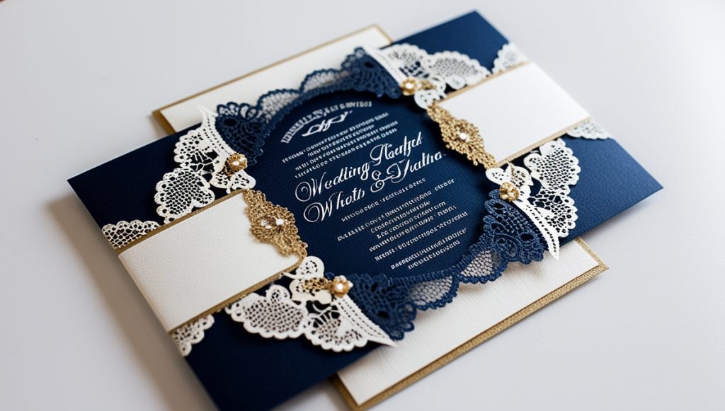 Hochwertige Hochzeitseinladungen und Umschlag, mit Lasercut-Details